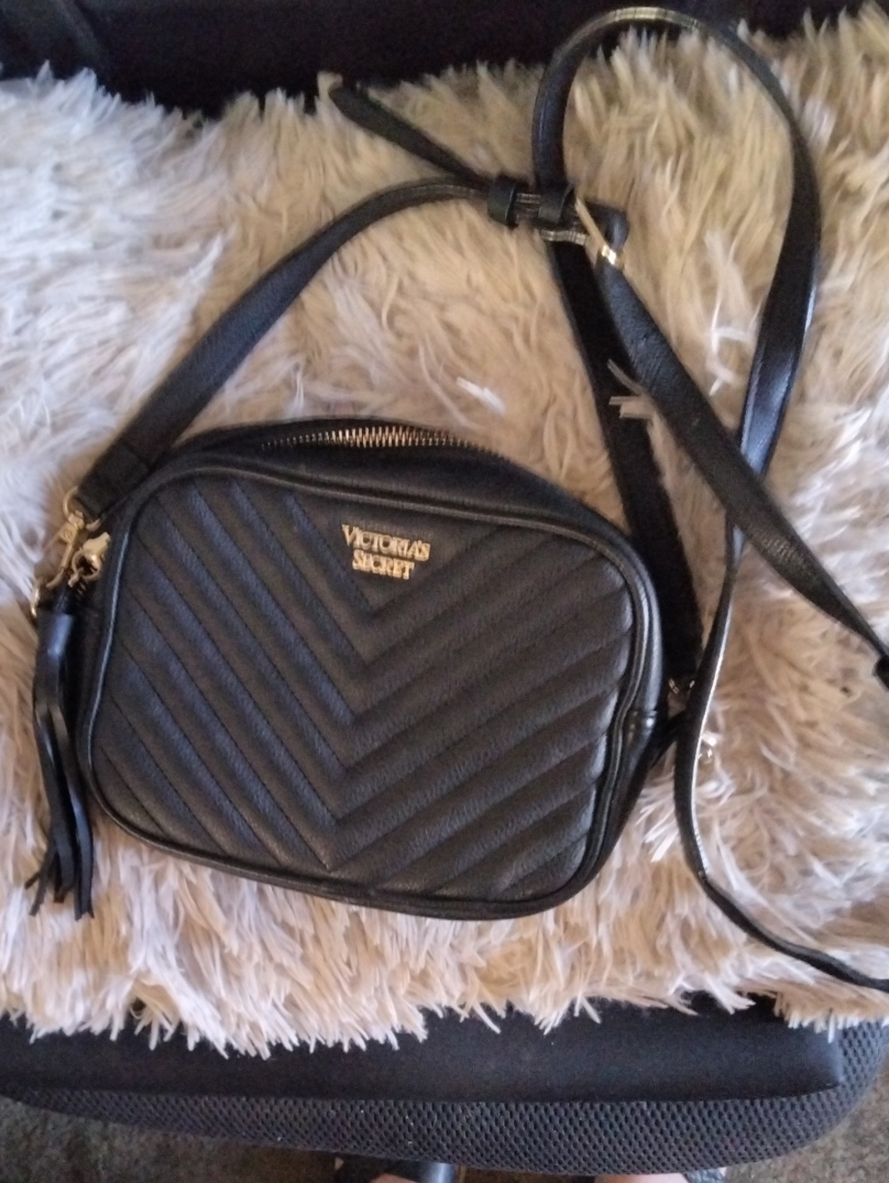 Victoria's Secret Black Quilted Chevron Crossbody with Gold Logo